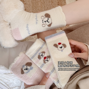 澳绒袜子女秋冬季可爱卡通中筒袜加绒加厚保暖居家地板袜毛绒棉袜