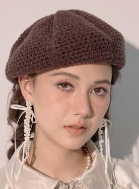 clásico针织勾花贝雷帽百搭秋冬纯色针织帽子