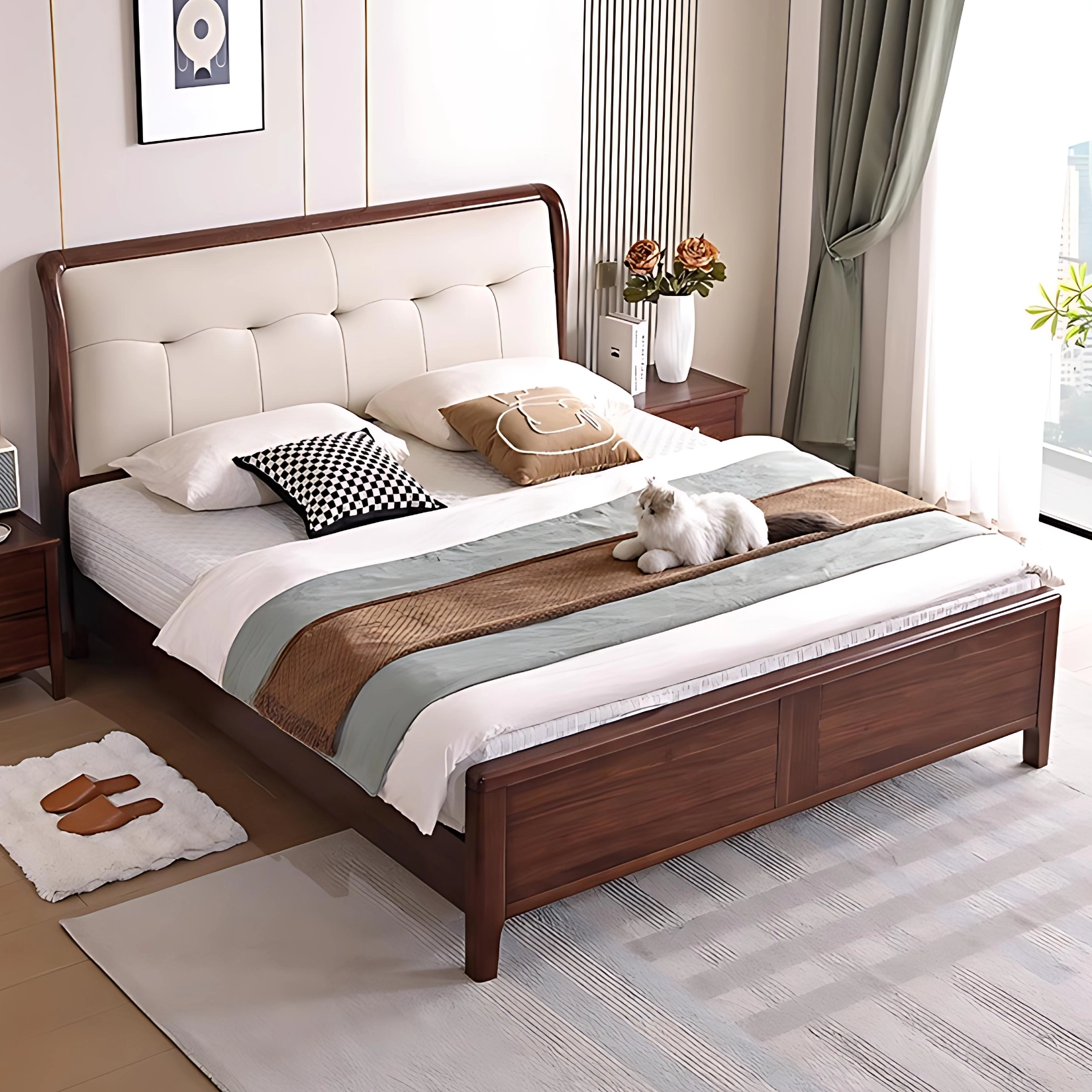 2×2.2米北美黑胡桃木现代简约实木床1.8主卧大床新中式1.5双人床