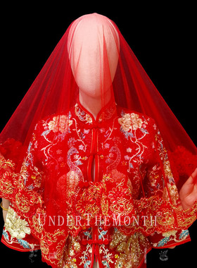 红色头纱新娘结婚主婚纱头纱中式婚礼复古红色盖头红色头纱头饰