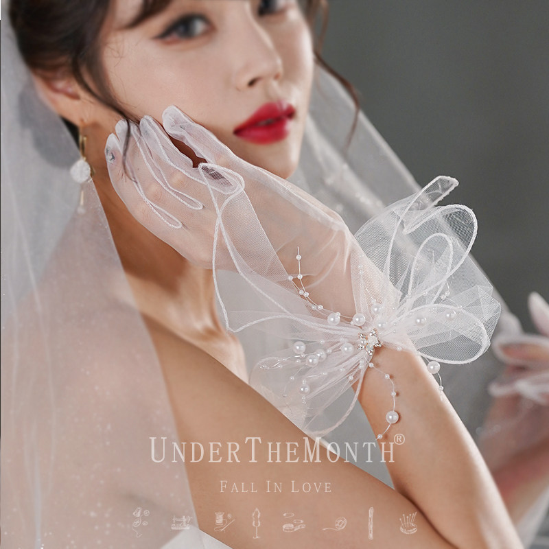 레트로 신부 웨딩 장갑 짧은 흰색 활 진주 메쉬 장갑 스튜디오 사진 사진 장갑
