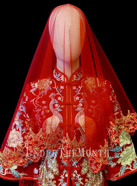 新娘结婚主婚纱头纱中式婚礼秀禾服红色盖头金色蕾丝红色头纱头饰