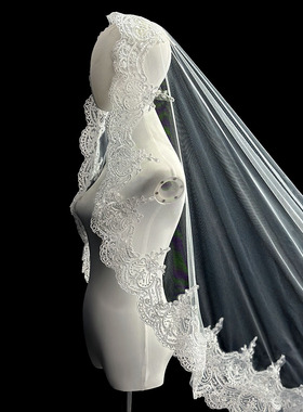 新娘结婚主婚纱头纱超仙森系韩式长款整圈蕾丝花边头纱新娘头饰