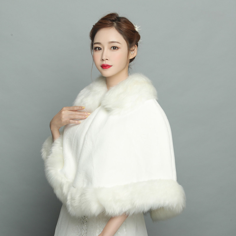 新娘结婚毛披肩婚纱伴娘礼服旗袍保暖仿皮草外披白色秋冬披风大码