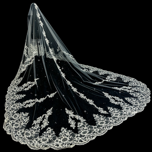 新娘结婚主婚纱头纱细闪蕾丝亮片长款大拖尾头纱头饰影楼摄影道具