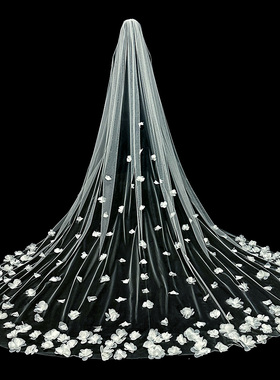 新娘结婚主婚纱头纱超仙森系水晶纱立体花朵头纱长款拖尾拍照头纱