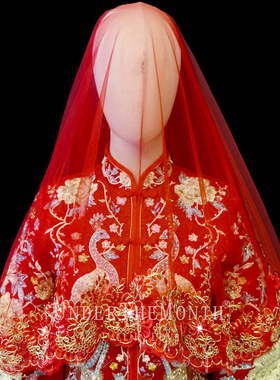 新娘结婚红色婚纱头纱中国红复古喜庆红盖头秀禾蕾丝绣花头纱头饰