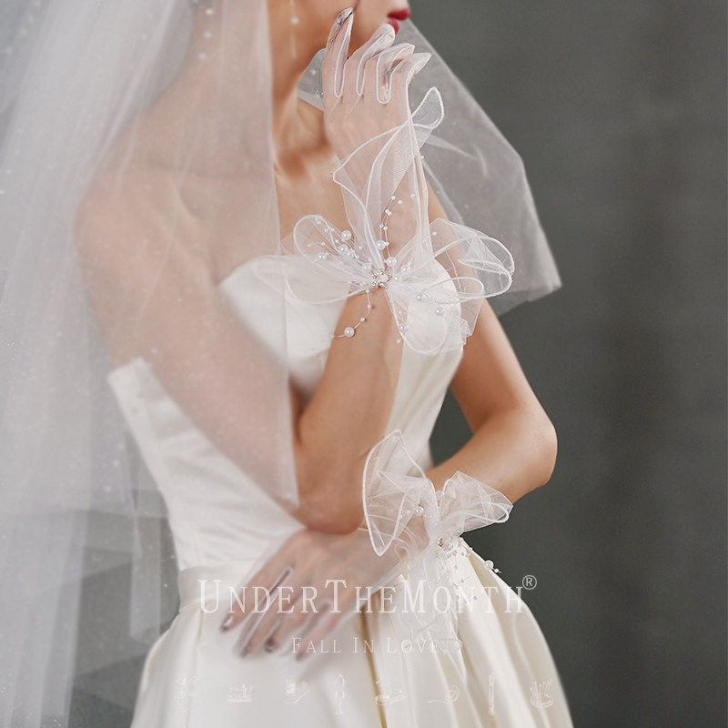 레트로 신부 웨딩 장갑 짧은 흰색 활 진주 메쉬 장갑 스튜디오 사진 사진 장갑