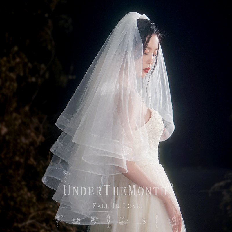 新娘结婚主婚纱头纱超仙森系网红拍照道具短款领证头纱白色蓬蓬短