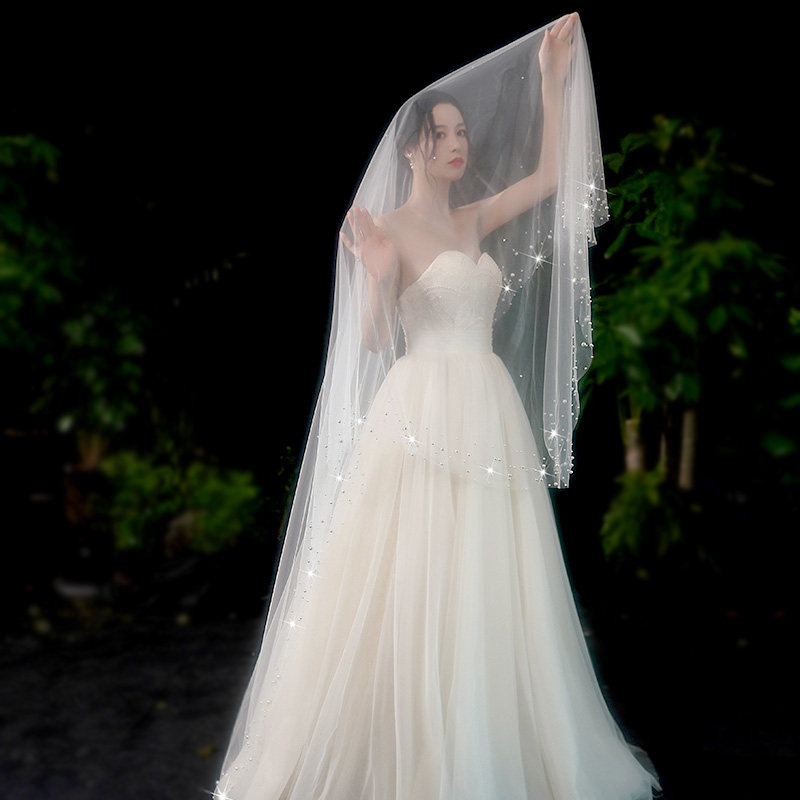 白色头纱新娘主婚纱超仙森系网红拍照道具结婚领证头纱珍珠头饰