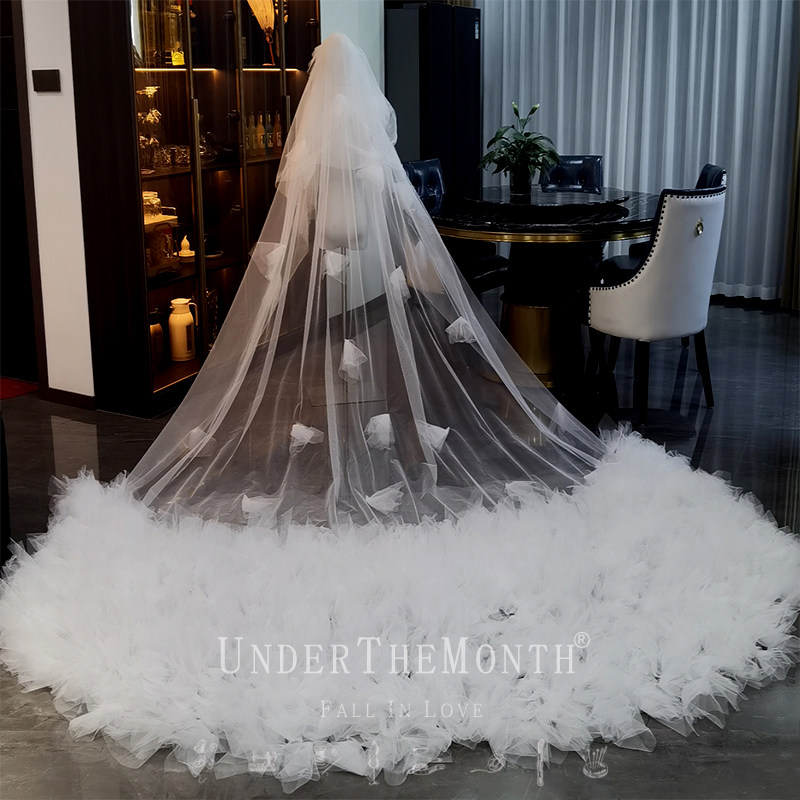 新娘结婚主婚纱头纱超仙森系轻奢高级定制长拖尾遮面头纱头饰