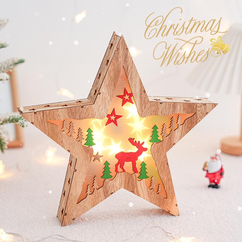 圣诞节饰品装饰场景布置木质发光星星造型灯桌面小摆件麋鹿小配件