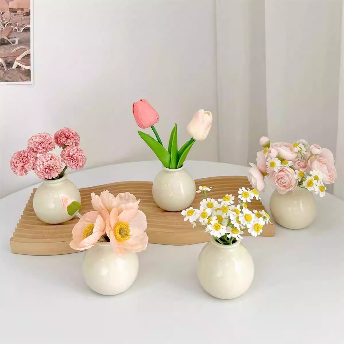 干花花瓶摆件简约高级ins风奶油陶瓷小圆瓶假花套装玄关卧室客厅