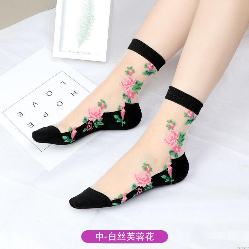 水晶玻璃丝短袜夏季袜子女中筒袜春夏薄款提花耐磨防勾丝四季棉