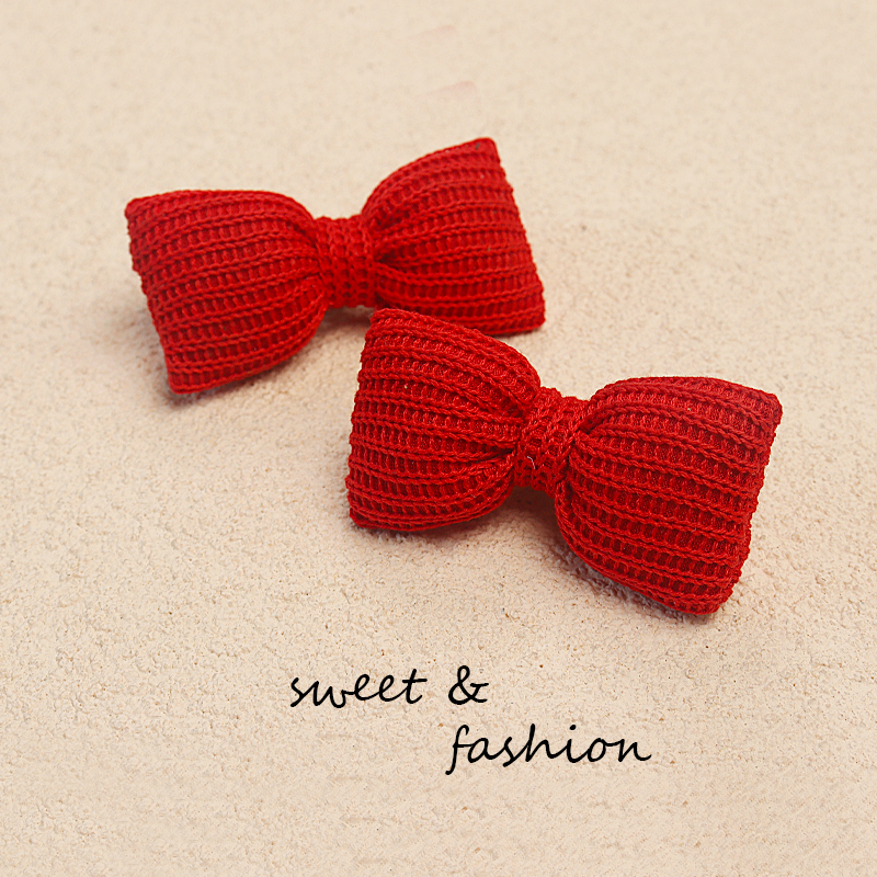儿童发夹秋冬红色针织毛线蝴蝶结