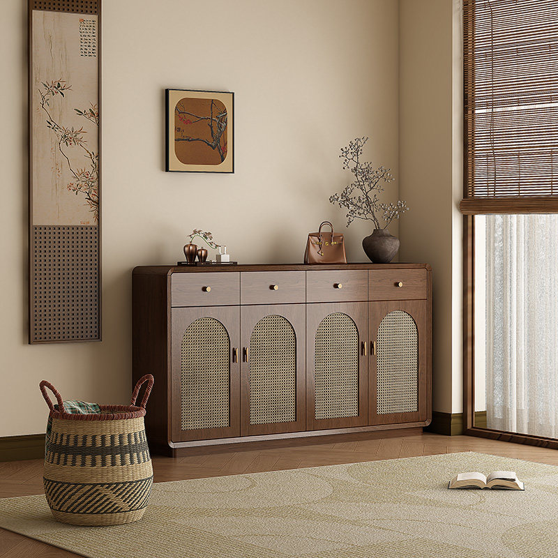 覆古风藤编鞋柜家用门口实木色靠墙透气胡桃木玄关柜收纳柜隔断柜