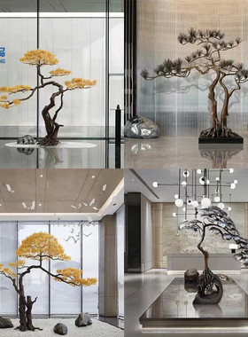 大型铁艺金属迎客松摆件酒店会所售楼处工艺品玄关过道招财装饰品