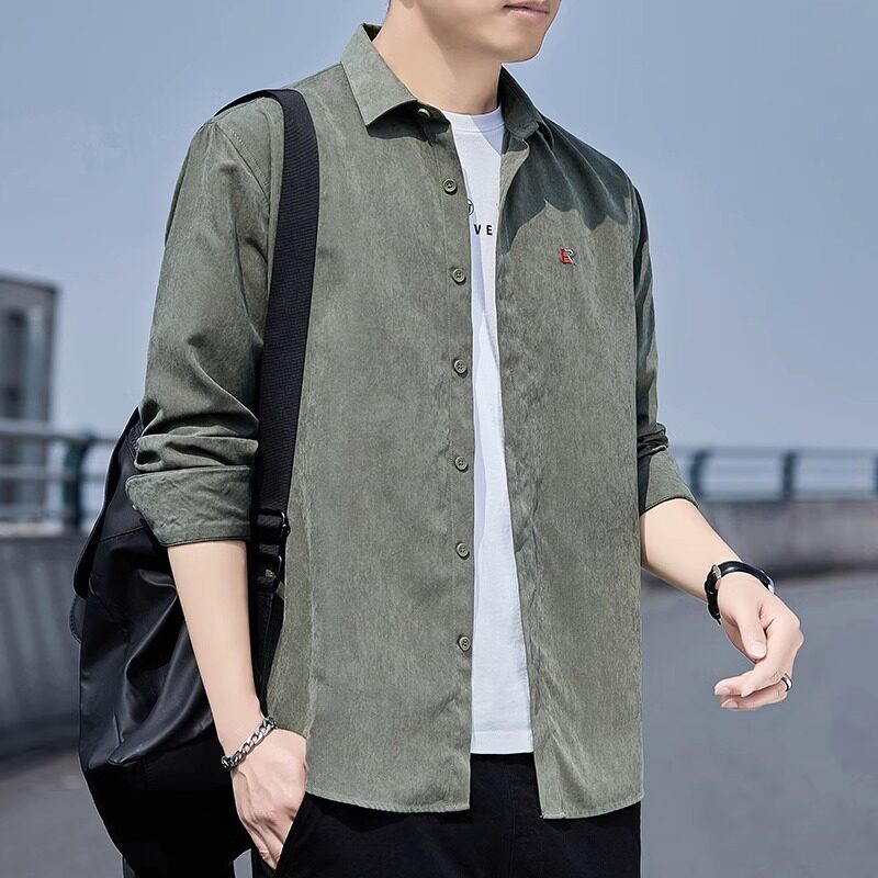 纯色痞帅衬衫外套男潮牌春夏季宽松长袖衬衣2025新款百搭休闲上衣