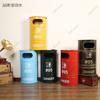 桶饰圾欧美工业落用纳摆复古艺金属工汽油装垃桶风地实收件铁艺品