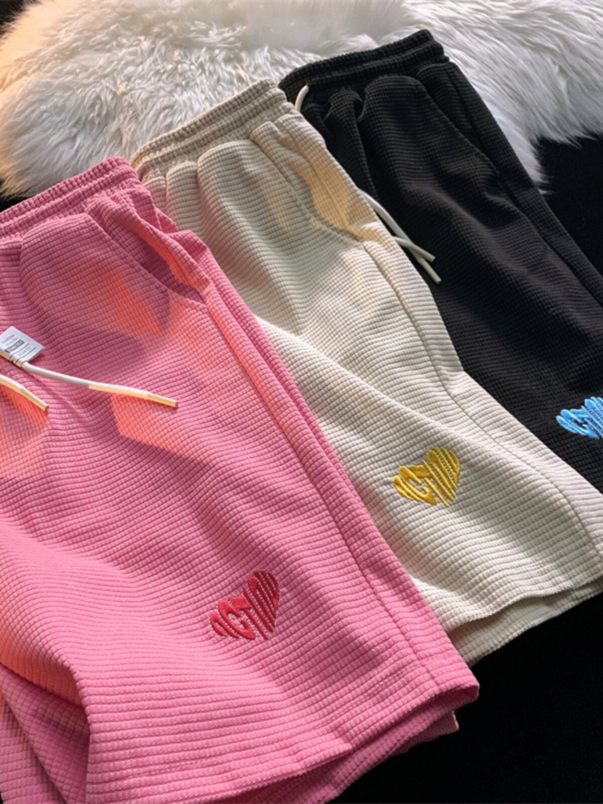 LOVE EMBROIDERY ROSE PINK SPORTS SHORTS WOMENS INS COOL SUMMER LOOSE AND THIN FIVE-POINT PANTS WAFFLE PANTS