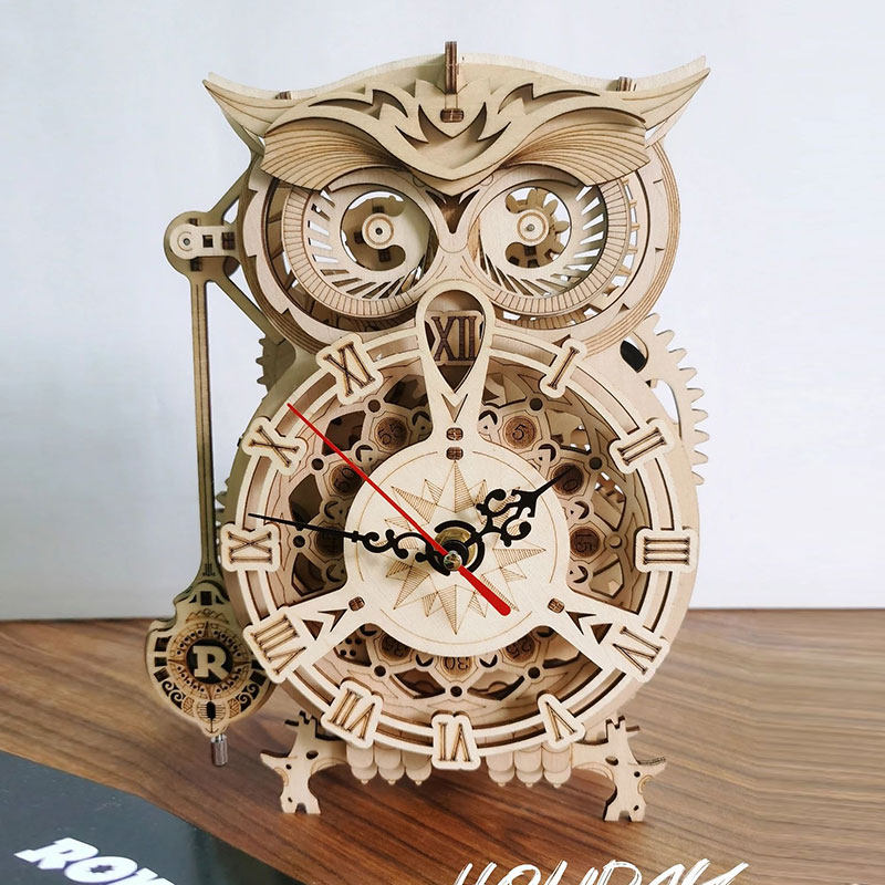 若态若客猫头鹰木质机械钟diy手工立体拼图模型复古挂钟创意拼装