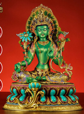 藏式7寸彩绘绿度母铜器雕像摆件