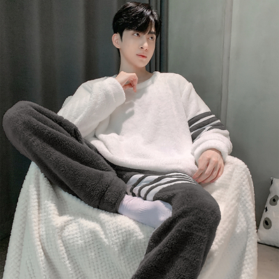 珊瑚绒睡衣男士冬季加厚加绒男款秋冬款天青少年可外穿家居服套装