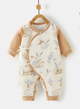 婴儿连体衣秋冬款夹棉厚新生儿衣服纯棉无骨宝宝斜襟哈衣爬服睡衣