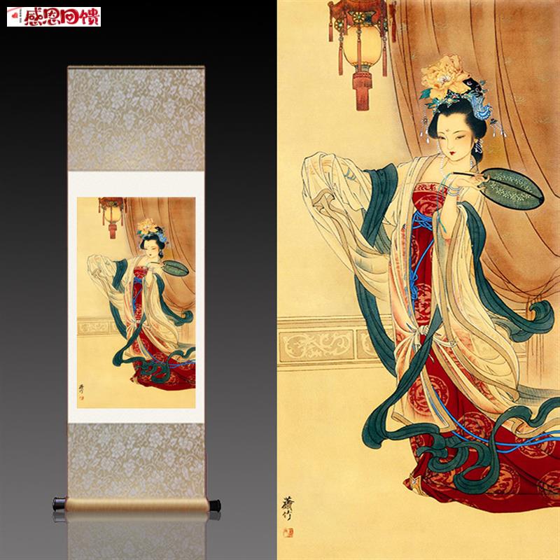 丝绸画卷轴挂画潇竹人物画工笔U挂画跳舞仕女图茶楼壁画定制墙纸