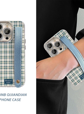 简约绿白格纹蓝色皮质小腕带适用华为Pura70pro手机壳p60/50/40日韩nova12pro/11/10女mate60/30/20防摔