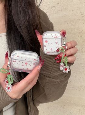 红色樱桃碎花适用Baseus倍思E3耳机套M2透明W04软WM05真无线蓝牙WM02保护壳M2/W04+/storm3无线耳机套wo4/3