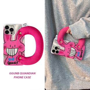 蓝蝴蝶结露齿粉兔玫红棉腕带适用iphone15promax苹果16手机壳13/12/11硅胶15/14简约16promax个性xs防摔14pro