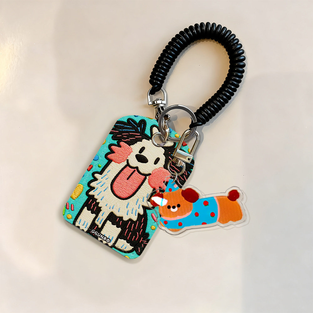 平面图蓝底粉蓝条纹吐舌腮红狗门禁水滴小卡套钥匙扣迷你NFC感应小