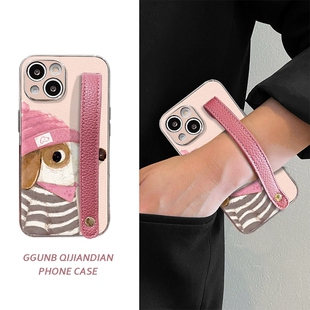 粉帽粉领条纹衣狗粉小皮质腕带适用oppoReno12pro手机壳reno11/10/9/8/7/6/5潮r17/r15创意K12/k11/k10防摔
