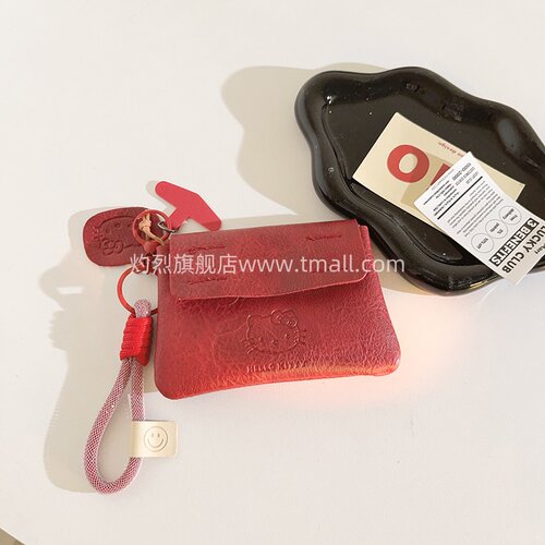 复古ins风高级感酒红皮质KT猫包包手机壳链条短款编织手绳钥匙扣耳机套卡包收纳零钱袋可爱网红女款便携挂绳