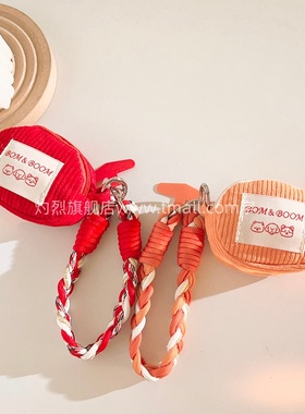 卡通狗标签橙色条纹零钱袋手机壳挂件ins趣味学生可爱女款多功能蓝牙耳机套钥匙扣收纳包ccd便携短款编织挂绳