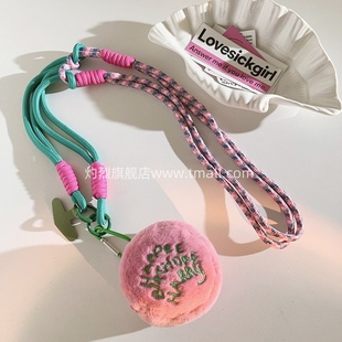ins学生可爱毛绒HAPP圆形包手机壳挂件少女心尼龙编织斜跨长绳钥匙收纳多功能零钱袋户外ccd相机侧肩便携挂绳