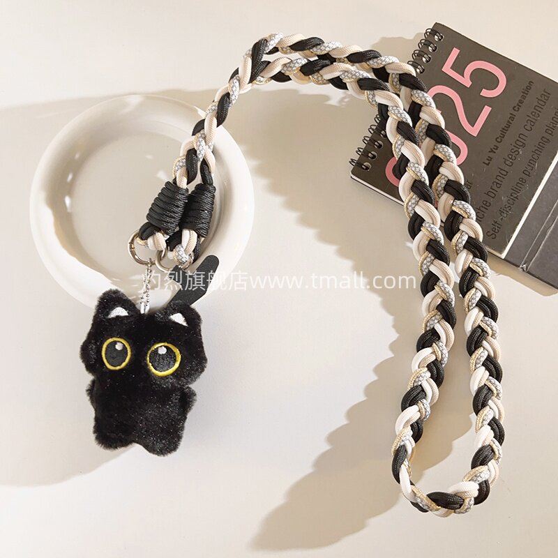 按压吱吱叫毛绒大眼全身黑猫挂件手机壳挂绳尼龙编织结实耐用斜跨长绳户外ccd相机多功能侧肩便携背带可爱女