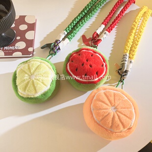 毛绒圆形水果包包手机壳可拆卸百搭学生收纳钥匙零钱袋耳机包编织尼龙斜跨长绳ccd户外结实侧肩背带可爱女款
