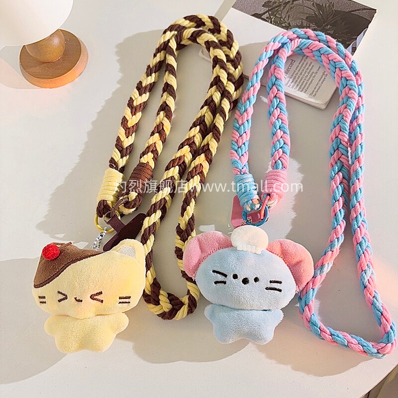 毛茸茸可爱小猫贪吃鼠公仔手机壳背包挂件尼龙线材户外手机链结实耐用编织斜跨长绳学生ccd便携侧肩背带挂链图片