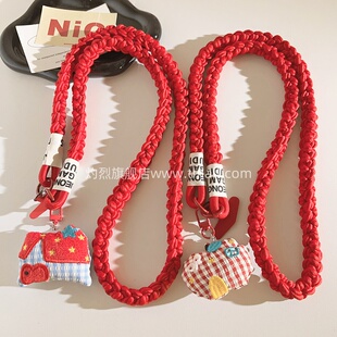 甜美ins毛绒红格子苹果挂饰手机壳编织尼龙斜跨长绳DIY韩系女款ccd挂链便携侧背带挂脖户外结实耐用防丢挂绳