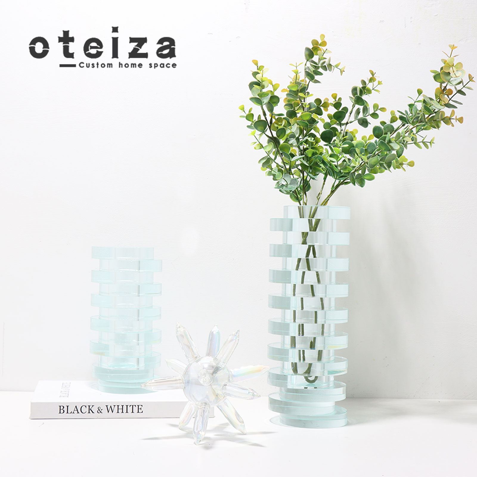 Oteiza简约现代水晶叠层圆柱花器样板间花店书桌酒店展厅软装摆件 家居饰品 装饰摆件 原图主图