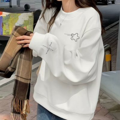 欧货杏色圆领卫衣女秋冬套头2025年新款爆款小个子宽松无帽上衣服