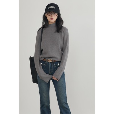 半高领毛衣女秋冬宽松内搭厚实保暖灰色针织衫纯色中领毛衣打底衫