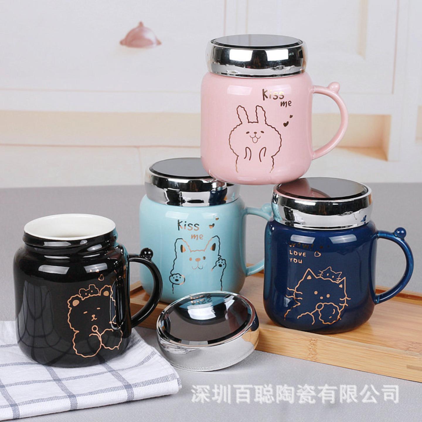 陶瓷杯子带盖勺镜面保温杯可爱