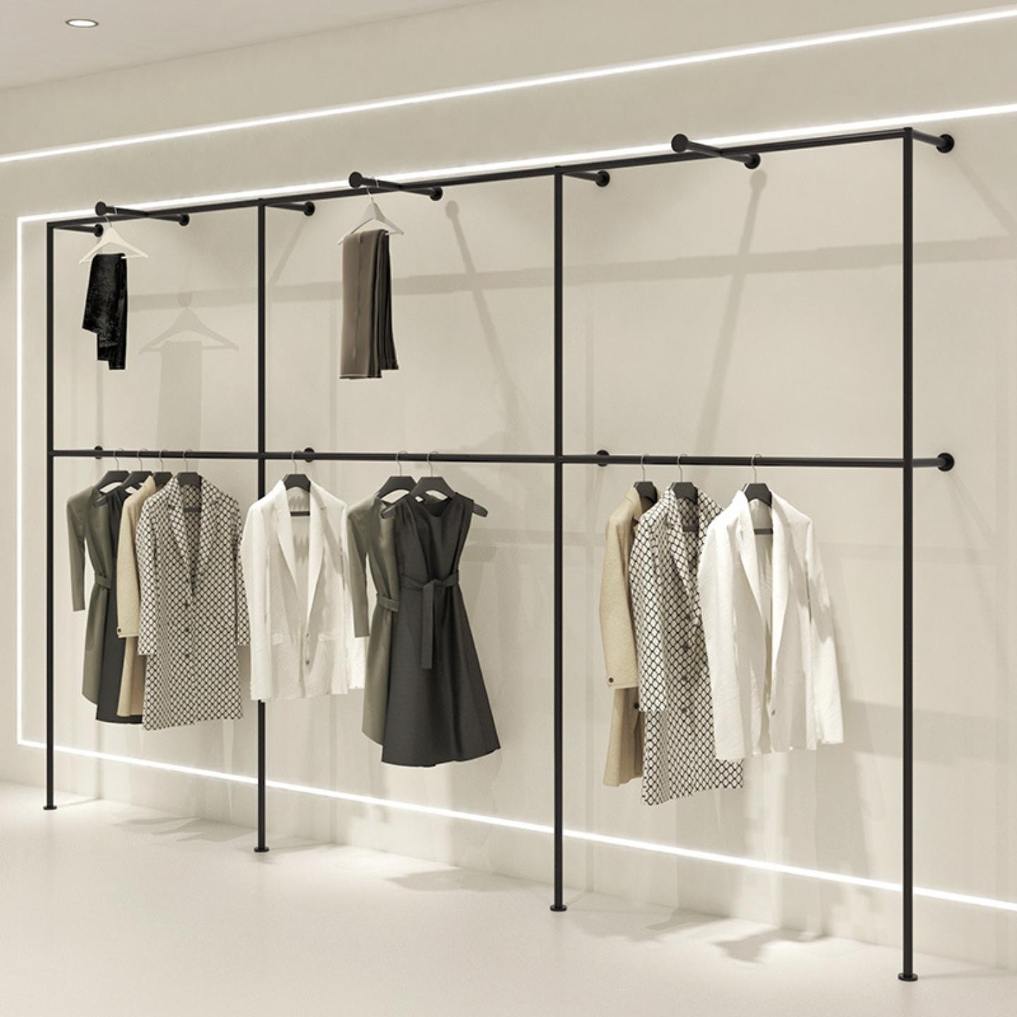 服装店展示架黑色不锈钢上墙双层挂衣杆落地式男女装店陈列货架子