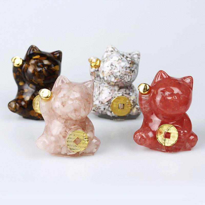 外然贸居饰天水晶滴胶招财猫公室桌面碎石摆件饰品家装送礼物女.