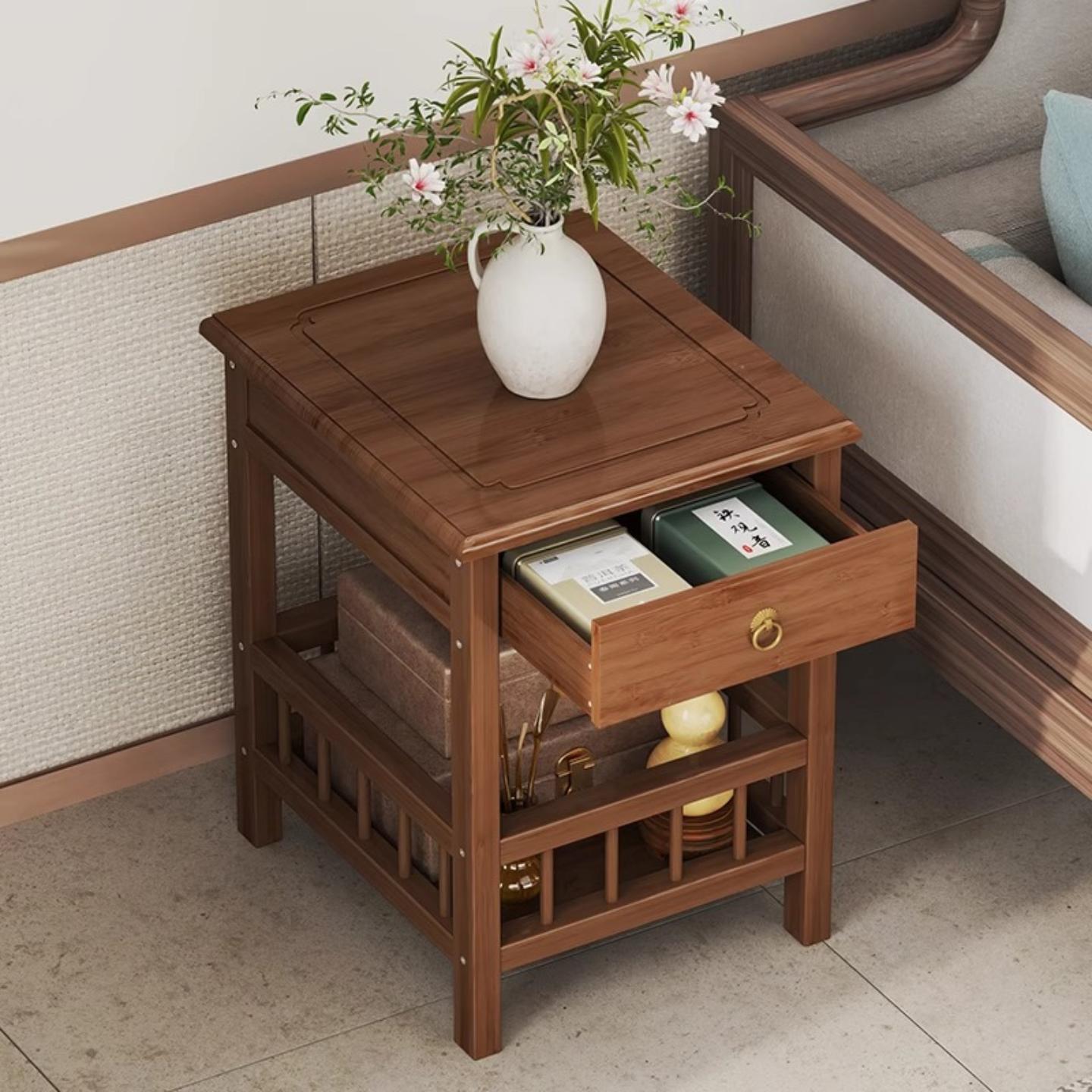 黑胡桃色楠竹实木茶几双层小户型