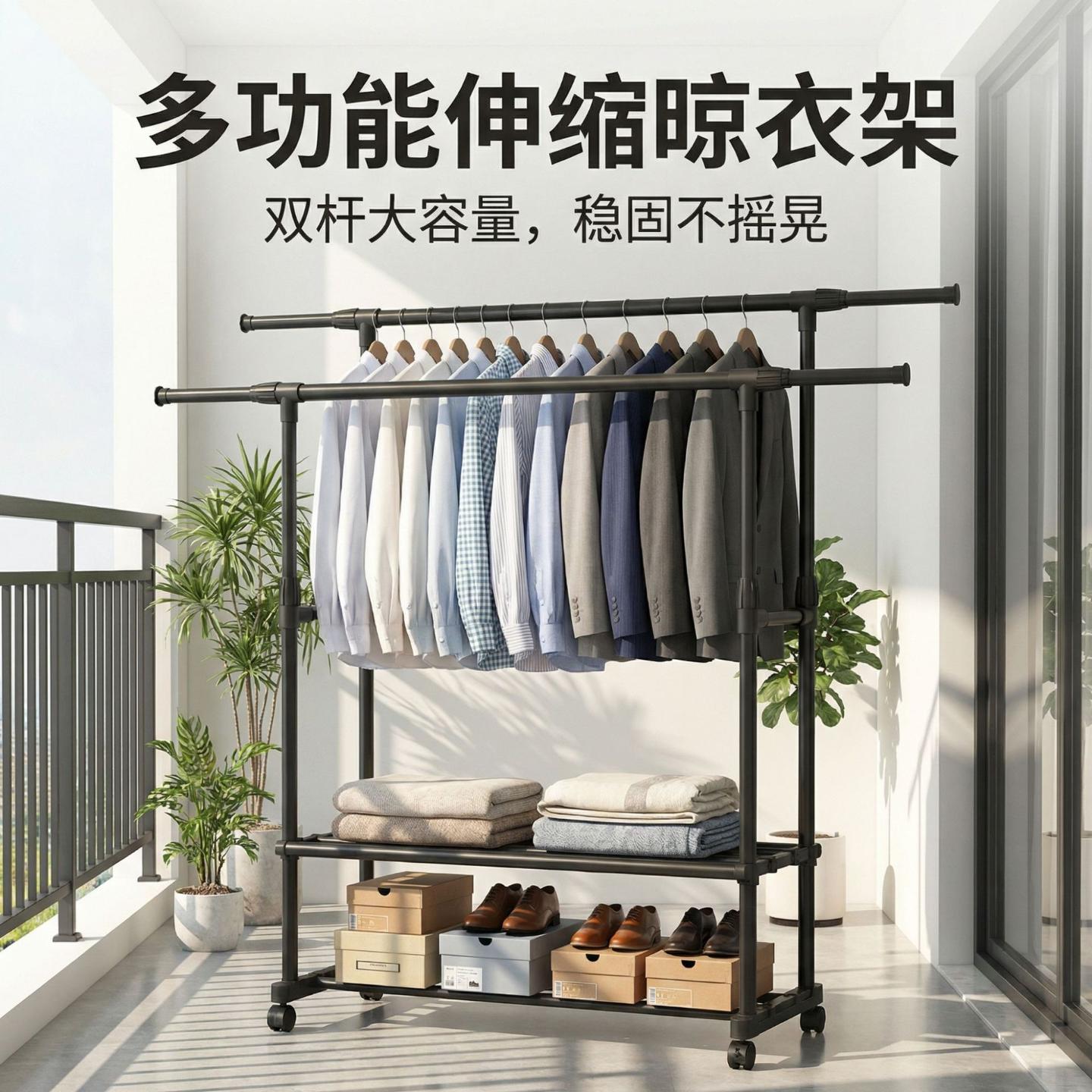 衣服双杆式晒衣架高颜值伸缩