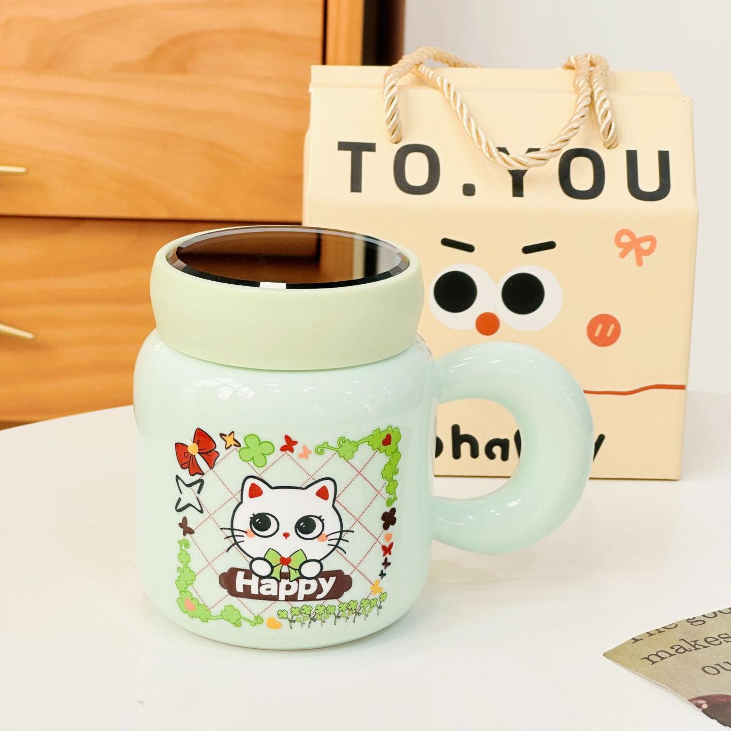 卡通陶瓷杯可爱镜面马克带盖水杯